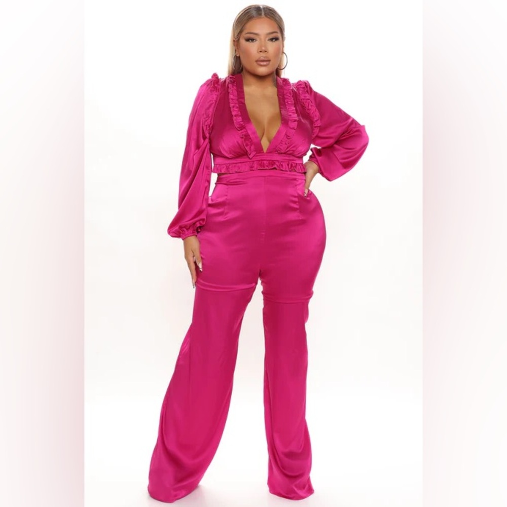 Ruffle Dreams Satin Jumpsuit - Magenta Plus size